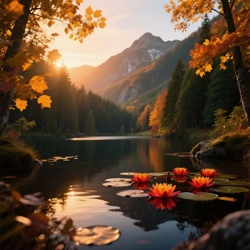 An Autumn Evening At A Secluded Mountain Lake, Amber Sunlight Filtering Through Golden Leaves,