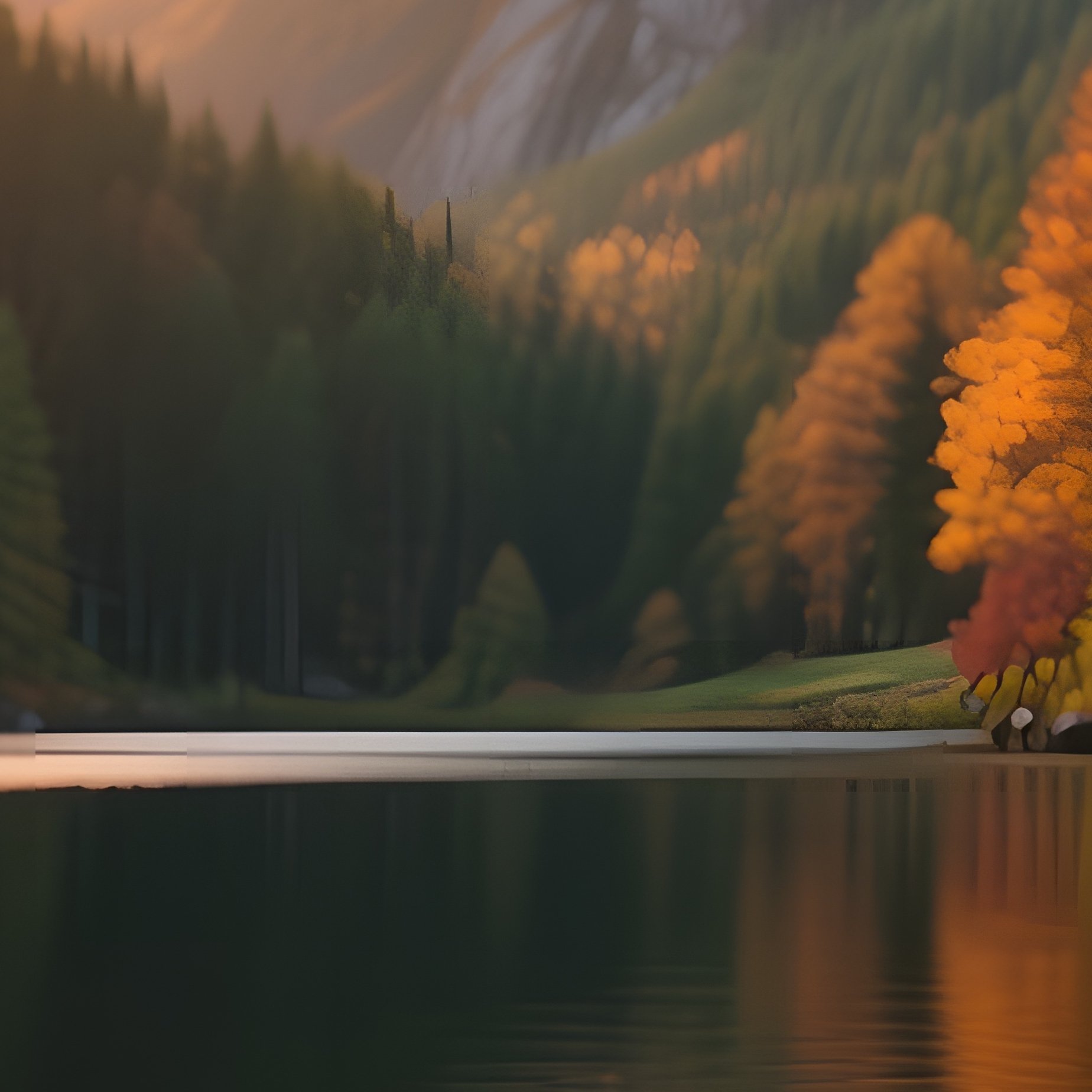 An Autumn Evening At A Secluded Mountain Lake, Amber Sunlight Filtering Through Golden Leaves, - Full Resolution Quality Preview