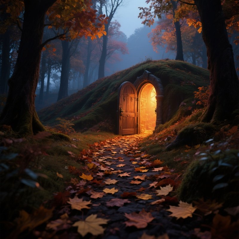 An Autumnal Twilight In A Fairy Tale Forest Where Fallen Leaves Form A Natural Mosaic Path Leading