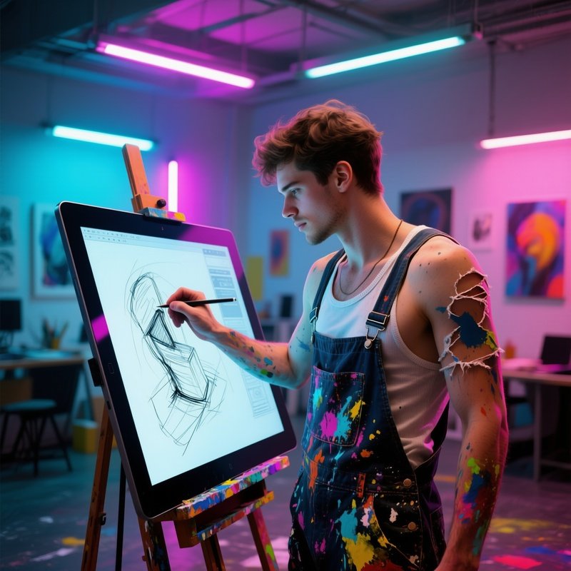 An Avant‑Garde Art Studio Turned Tech Hub, A Ripped Male Artist Wearing Paint‑Splattered Overalls