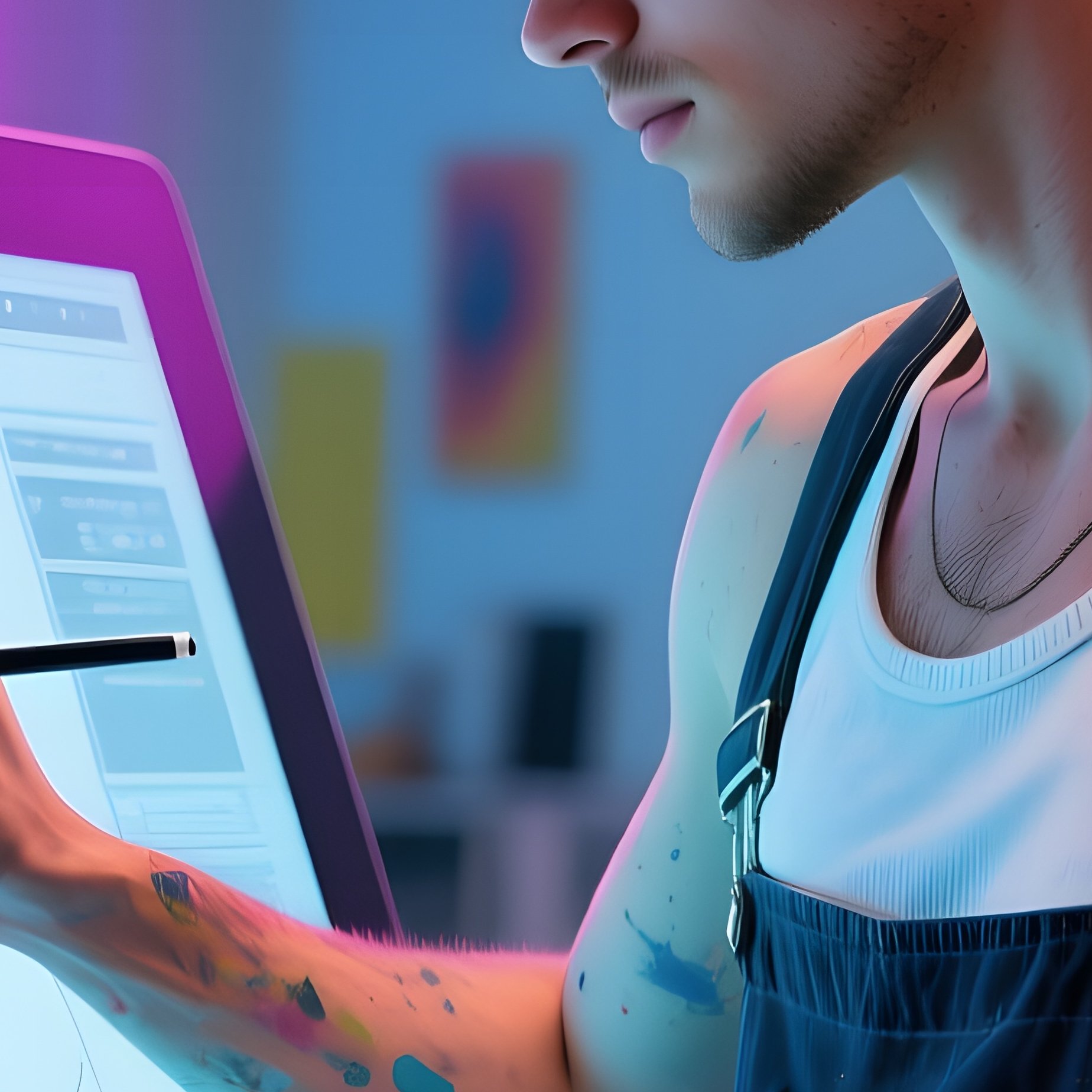 An Avant‑Garde Art Studio Turned Tech Hub, A Ripped Male Artist Wearing Paint‑Splattered Overalls - Full Resolution Quality Preview