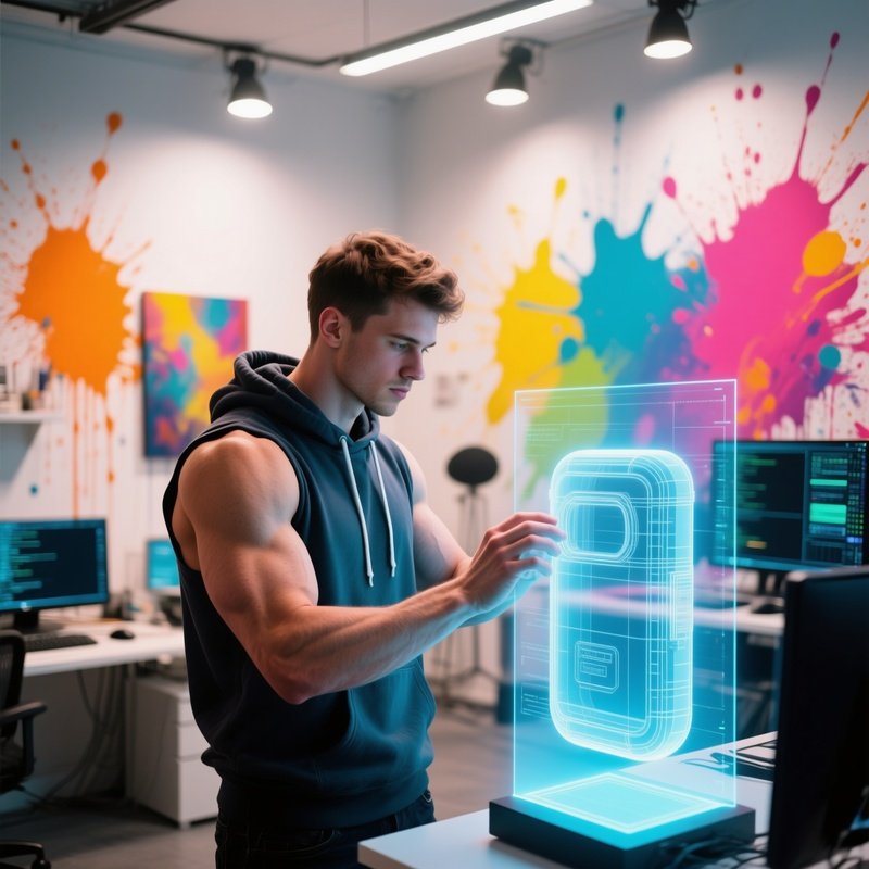 An Avant‑Garde Art Studio Turned Tech Space, Bright Primary Colors Splashed On Walls, A Muscular