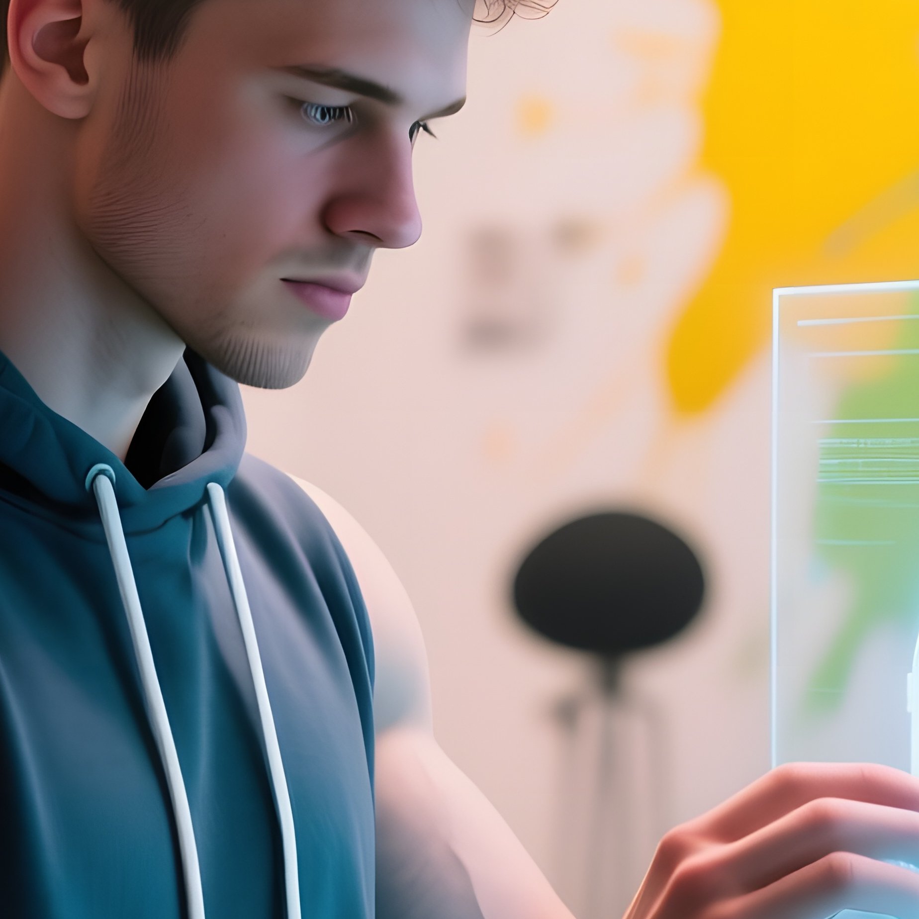 An Avant‑Garde Art Studio Turned Tech Space, Bright Primary Colors Splashed On Walls, A Muscular - Full Resolution Quality Preview