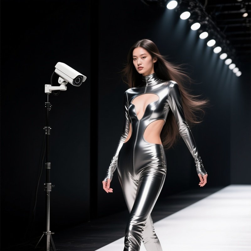 An Avant‑Garde Fashion Runway With Stark Black Walls, A Bold Model In A Metallic Bodysuit With