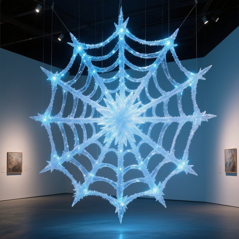 An Avant‑Garde Gallery Installation Featuring A Massive Suspended Sugar Web, Illuminated By Cool
