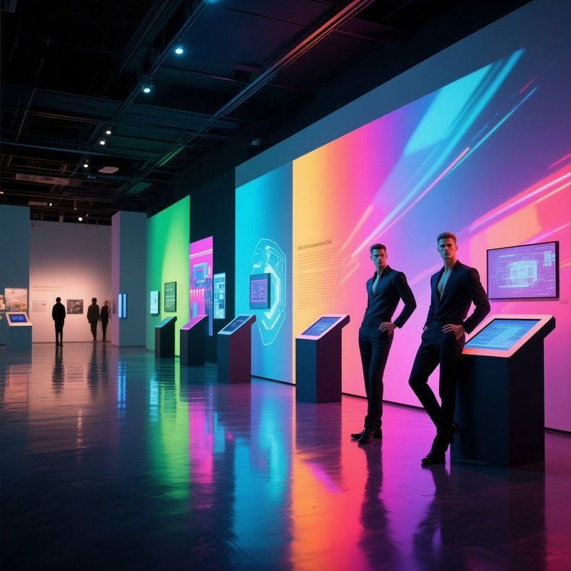 An Avant‑Garde Tech Exhibition Hall, A Six‑Pack Model Posing Beside Interactive Installations,