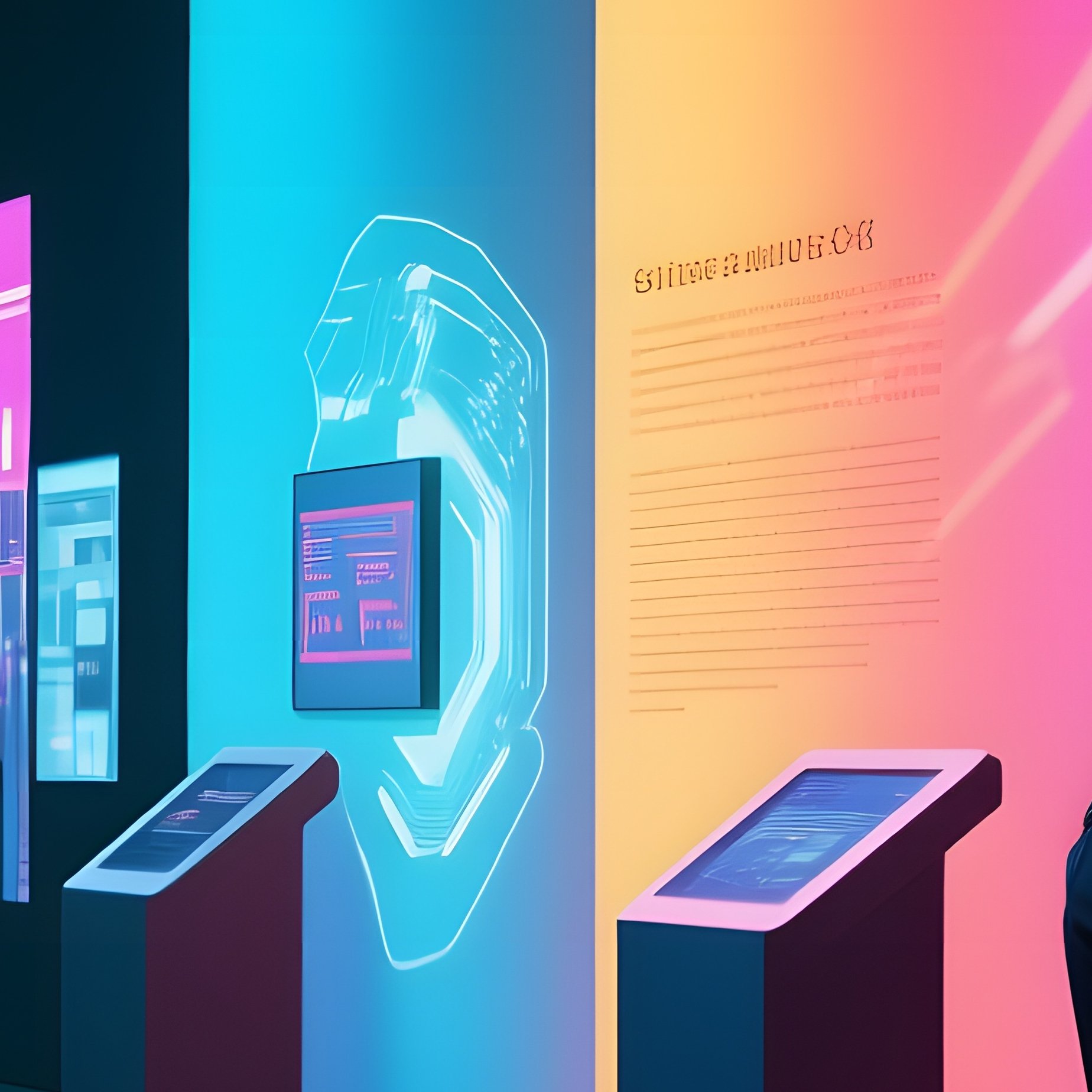 An Avant‑Garde Tech Exhibition Hall, A Six‑Pack Model Posing Beside Interactive Installations, - Full Resolution Quality Preview