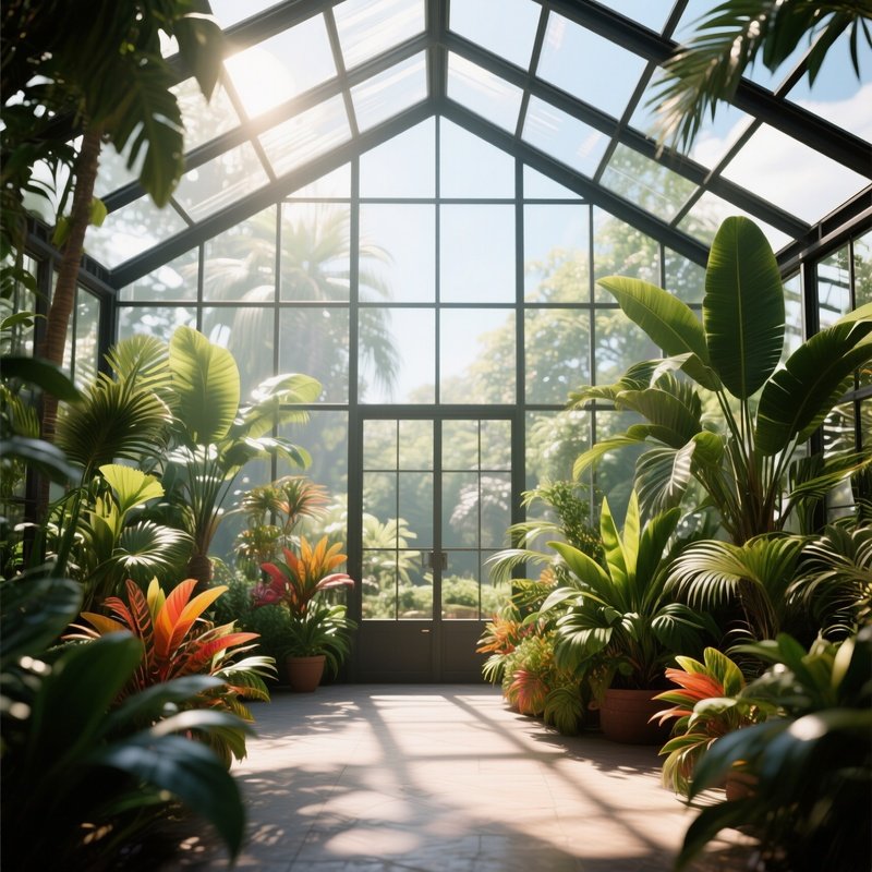 An Early Afternoon At A Geometric Glass Greenhouse, Sunlight Refracting Through Panes Onto Vibrant
