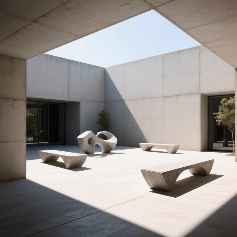 An Early Afternoon View Of A Minimalist Concrete Courtyard With Sculptural Benches, Sunlight
