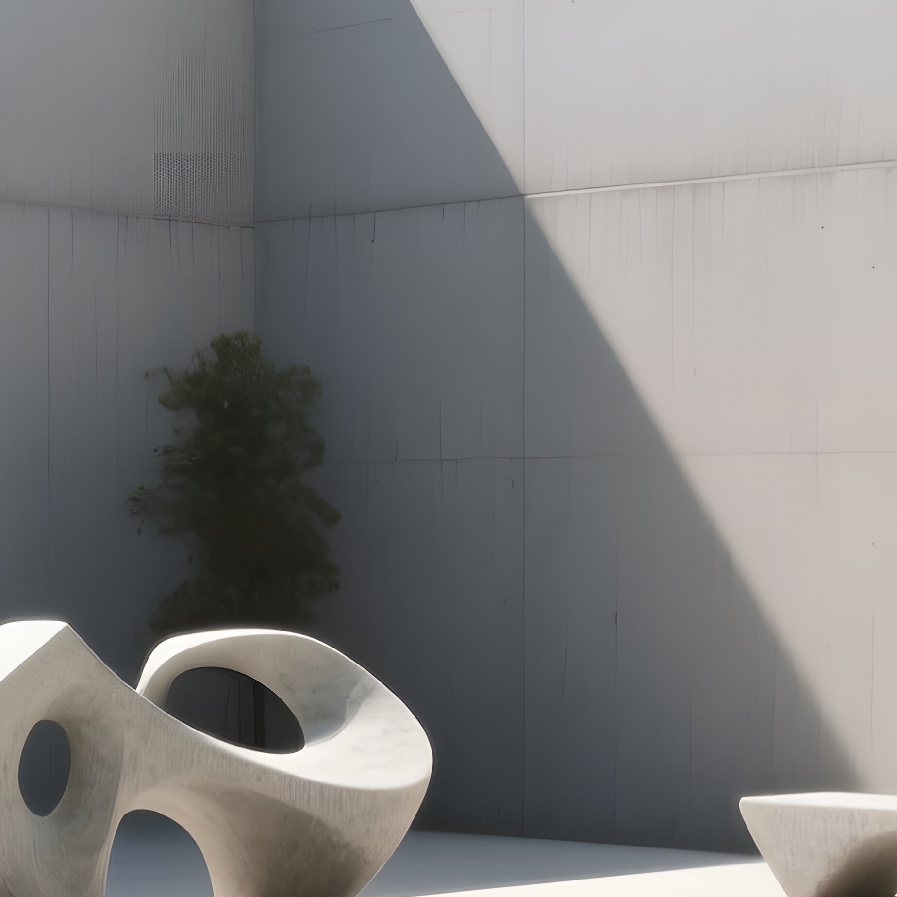 An Early Afternoon View Of A Minimalist Concrete Courtyard With Sculptural Benches, Sunlight - Full Resolution Quality Preview
