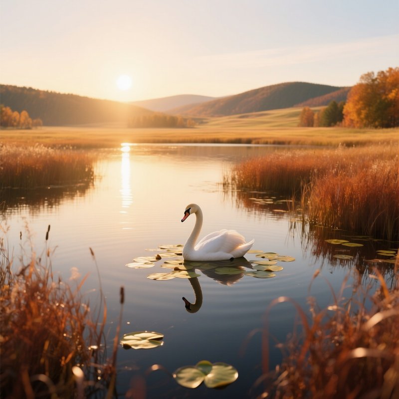 An Early Autumn Afternoon On A Wide Prairie Lake, Golden Sun Casting Long Shadows, A Solitary Swan