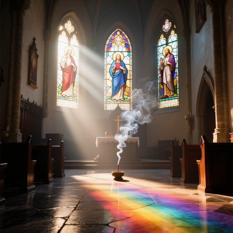 An Early Dawn Interior Of A Chapel, Sunlight Filtering Through Stained Glass Depicting Saints,