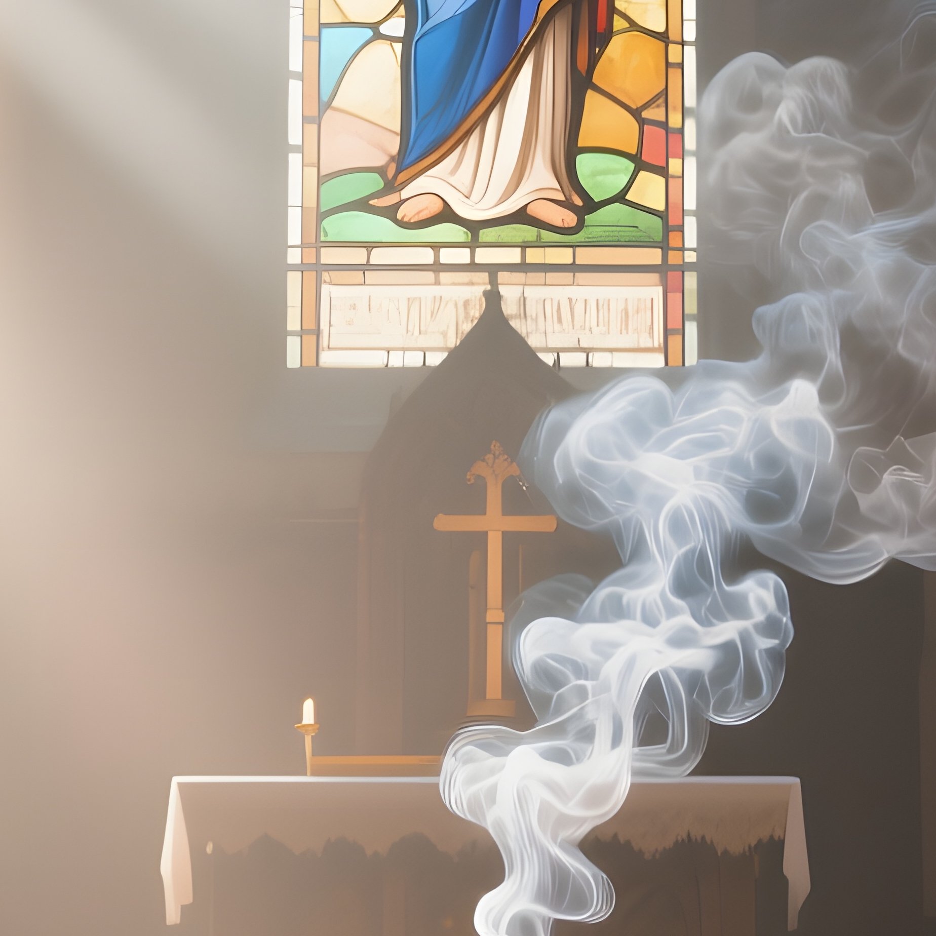 An Early Dawn Interior Of A Chapel, Sunlight Filtering Through Stained Glass Depicting Saints, - Full Resolution Quality Preview