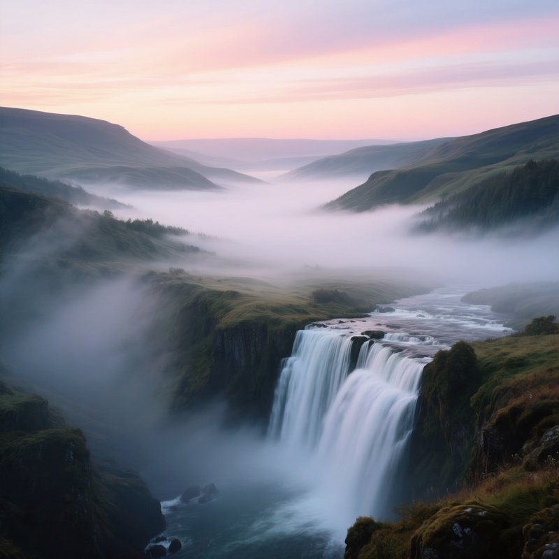 An Early Dawn Scene Where Mist Rises From A Waterfall Into A Valley Filled With Rolling Fog And
