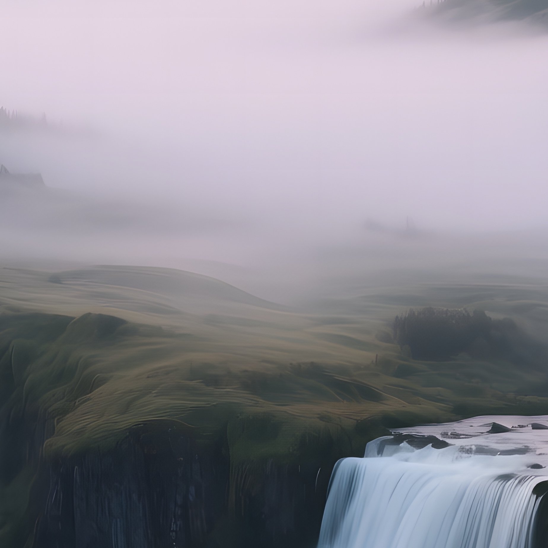 An Early Dawn Scene Where Mist Rises From A Waterfall Into A Valley Filled With Rolling Fog And - Full Resolution Quality Preview