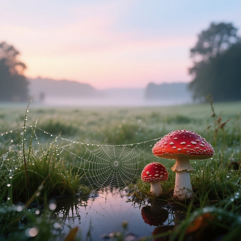 An Early Dawn View Of A German Meadow Where Dew‑Covered Spider Webs Glisten Alongside Bright Red