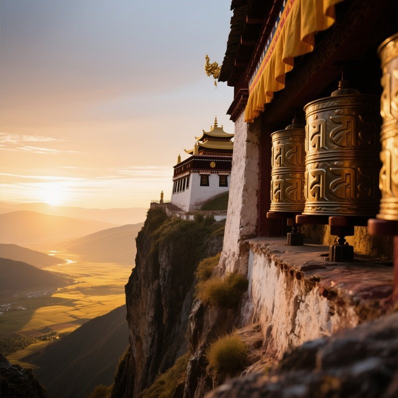 An Early Dawn View Of A Tibetan Monastery Perched On A Cliff, Prayer Wheels Turning Slowly As The