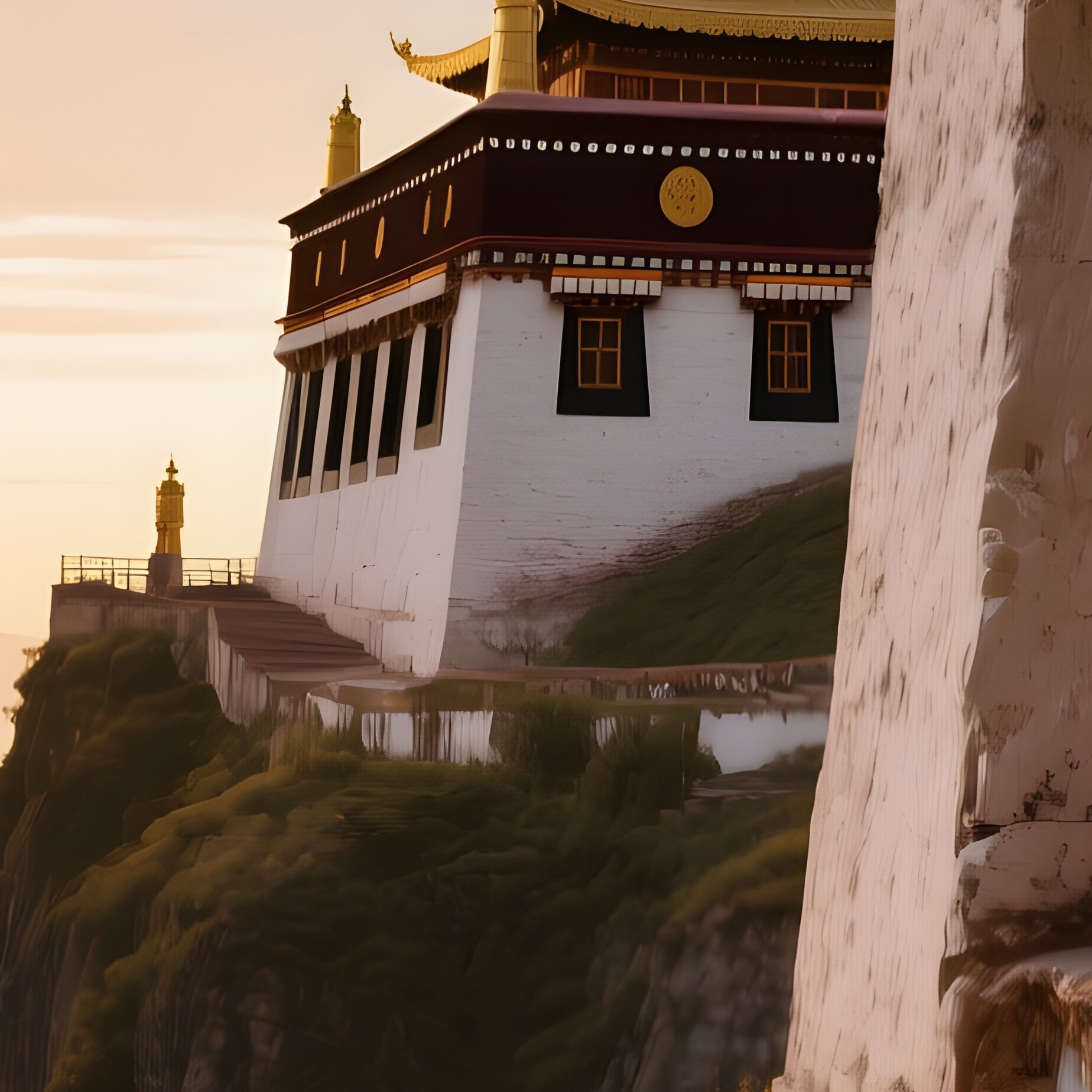 An Early Dawn View Of A Tibetan Monastery Perched On A Cliff, Prayer Wheels Turning Slowly As The - Full Resolution Quality Preview
