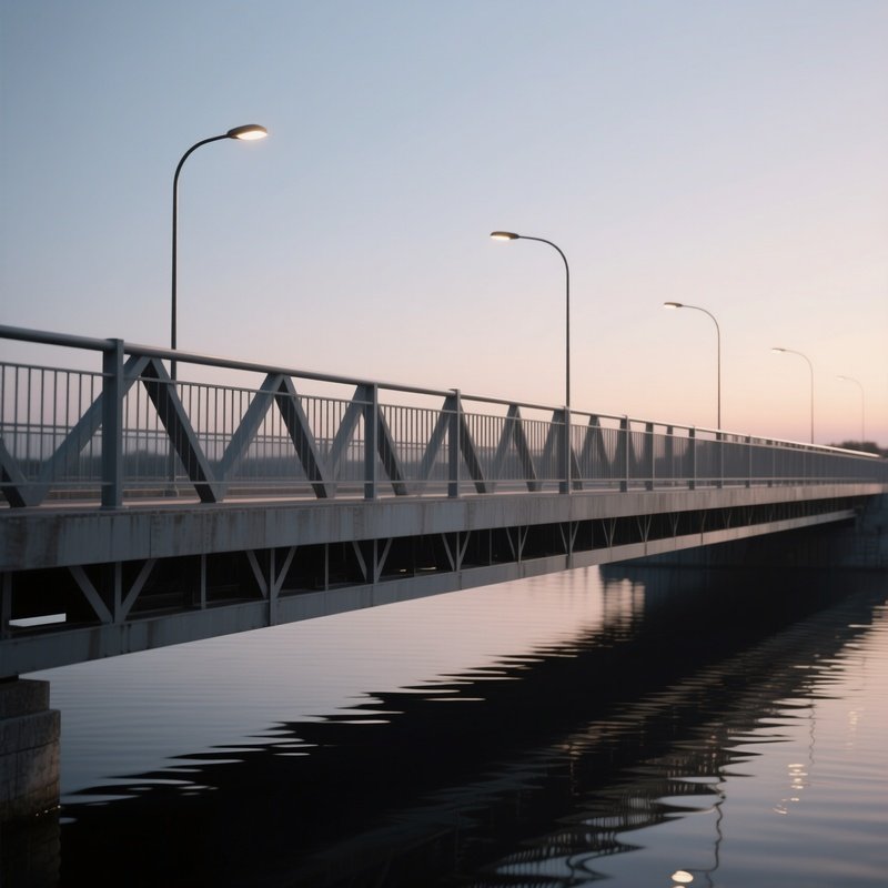 An Early Evening At A Minimalist Steel Bridge With Geometric Railings, Streetlights Casting Linear