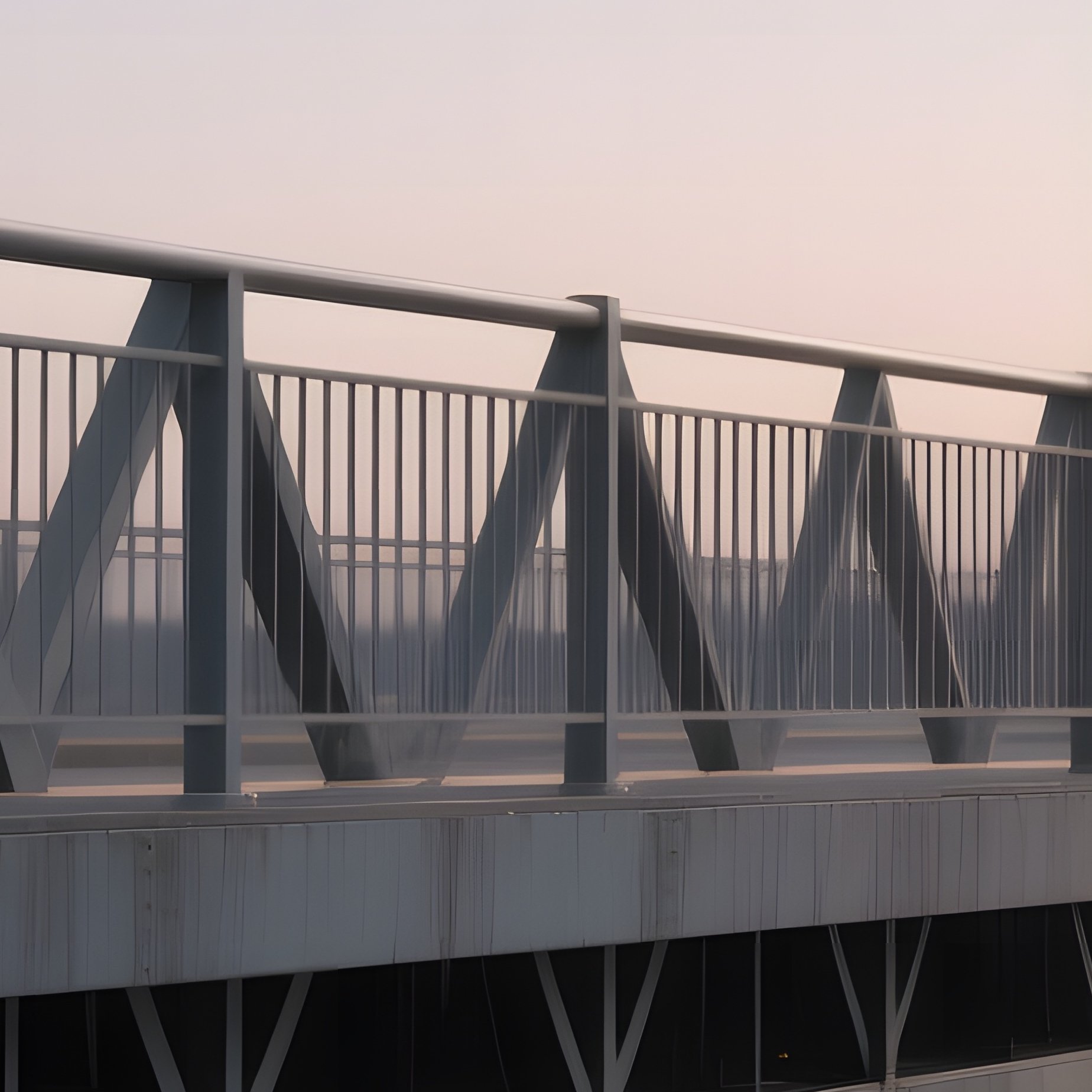 An Early Evening At A Minimalist Steel Bridge With Geometric Railings, Streetlights Casting Linear - Full Resolution Quality Preview