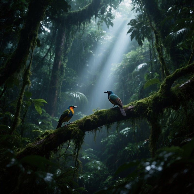 An Early Evening In A Malaysian Rainforest Canopy, Shafts Of Sunlight Piercing Through Dense