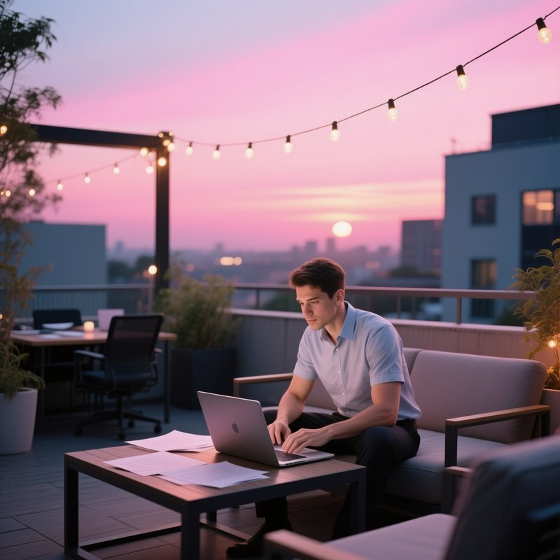 An Early‑Evening Office Patio With String Lights, A Toned Male Coworker In A Short Sleeve Shirt,