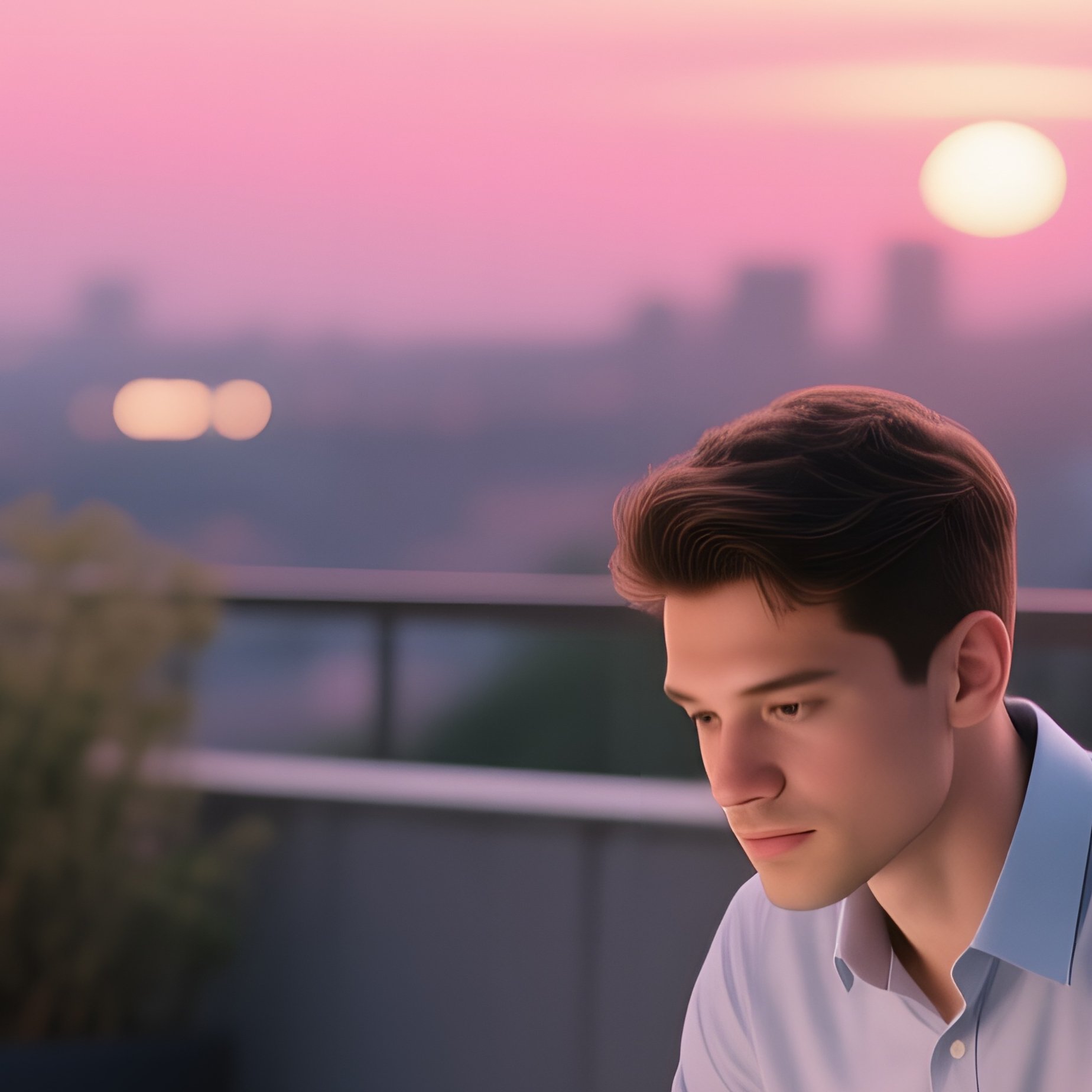 An Early‑Evening Office Patio With String Lights, A Toned Male Coworker In A Short Sleeve Shirt, - Full Resolution Quality Preview
