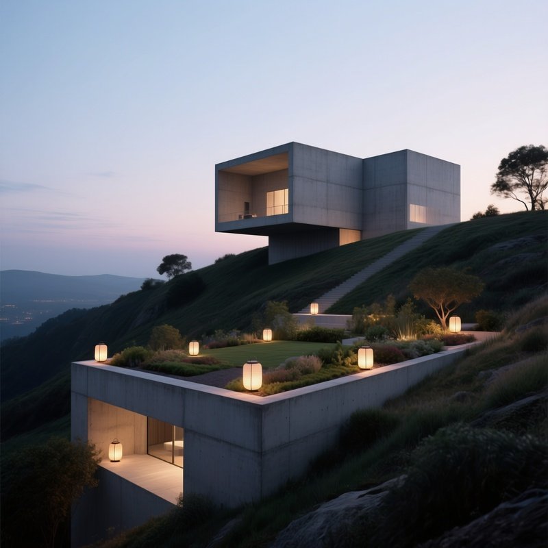 An Early Evening Shot Of A Minimalist Concrete Museum Perched On A Hill, Its Rooftop Garden