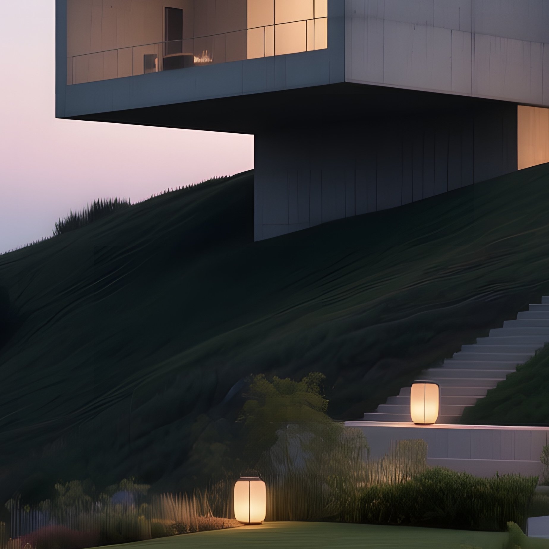 An Early Evening Shot Of A Minimalist Concrete Museum Perched On A Hill, Its Rooftop Garden - Full Resolution Quality Preview