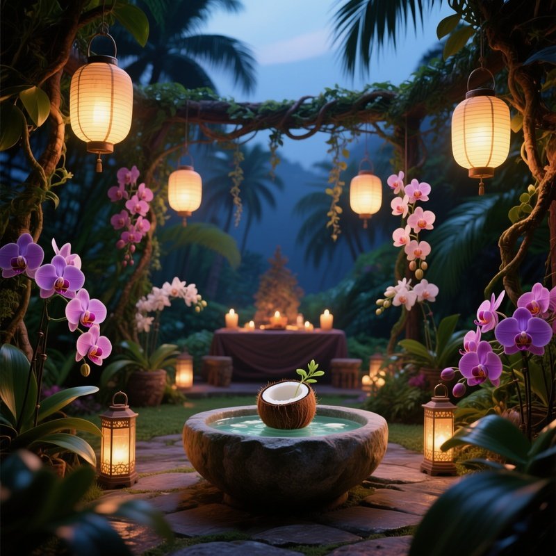An Early Evening Tropical Garden Altar Surrounded By Orchids, Lanterns Hanging From Vines, A Stone