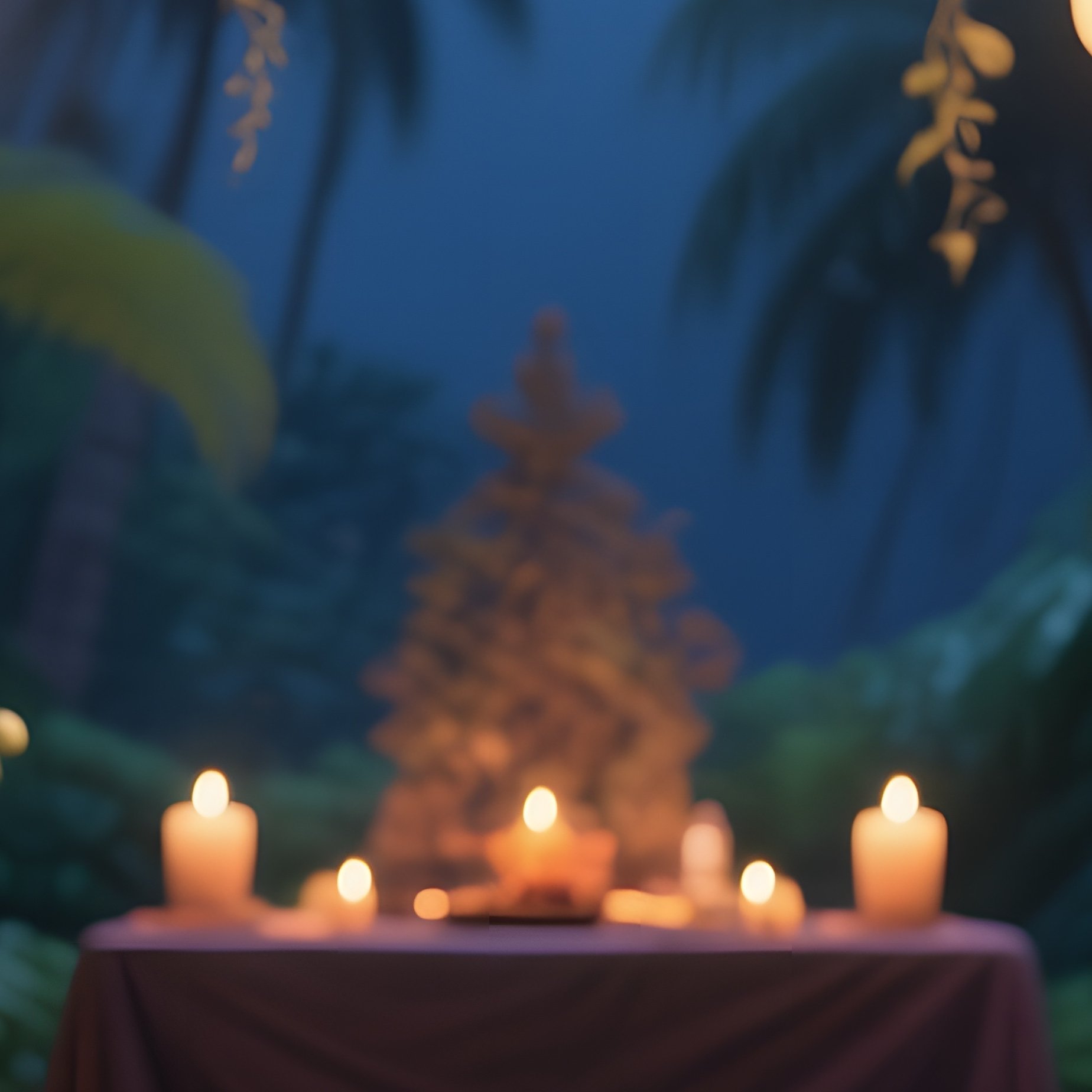 An Early Evening Tropical Garden Altar Surrounded By Orchids, Lanterns Hanging From Vines, A Stone - Full Resolution Quality Preview