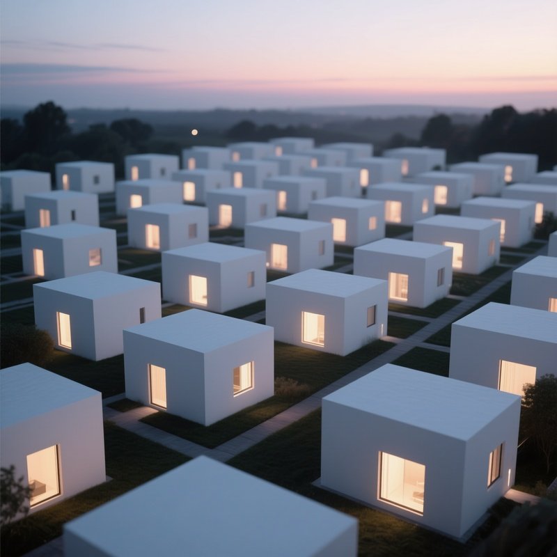 An Early Evening View Of A Series Of White Cubic Houses Arranged In A Perfect Grid, Their Windows