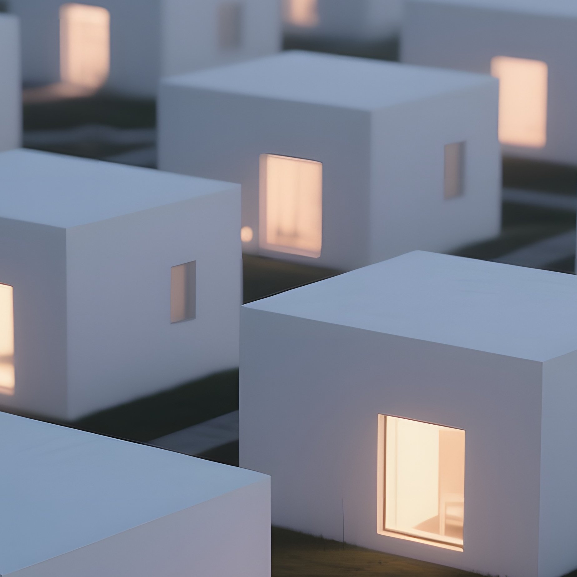 An Early Evening View Of A Series Of White Cubic Houses Arranged In A Perfect Grid, Their Windows - Full Resolution Quality Preview