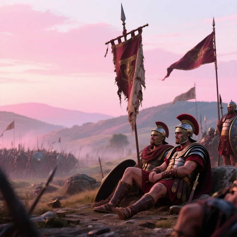 An Early Morning Battlefield After A Roman Victory, Legionnaires Resting Beside A Tattered