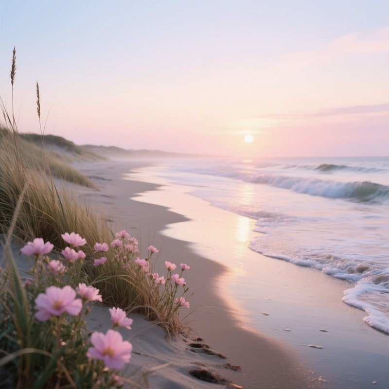 An Early Morning Beach Sunrise Where Delicate Sea Pinks Bloom Among Dune Grasses, Gentle Waves