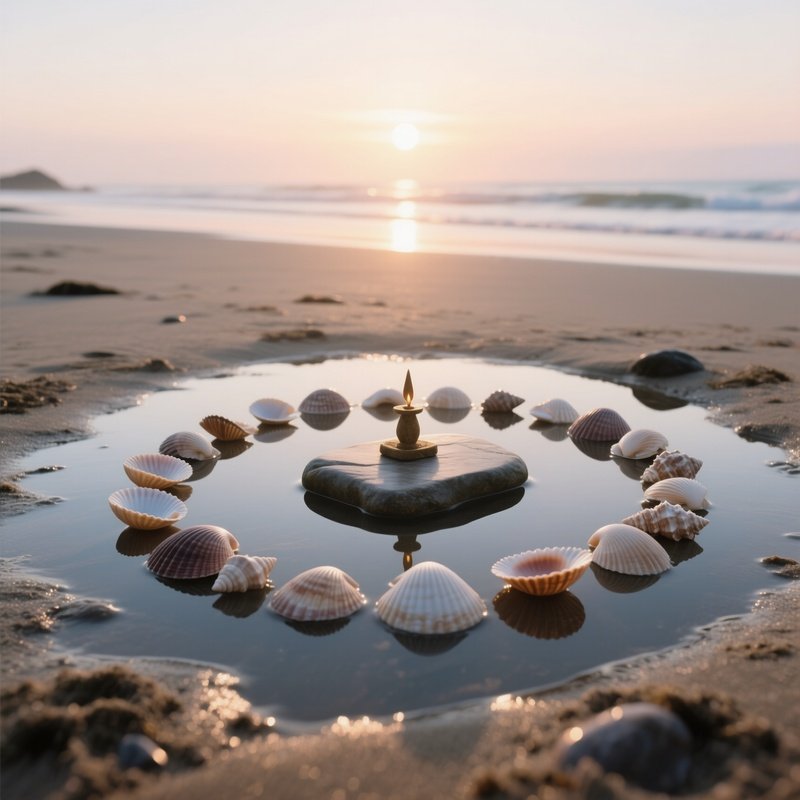 An Early Morning Beach Tide Pool Altar, Shells Arranged In Concentric Circles Around A Smooth Stone