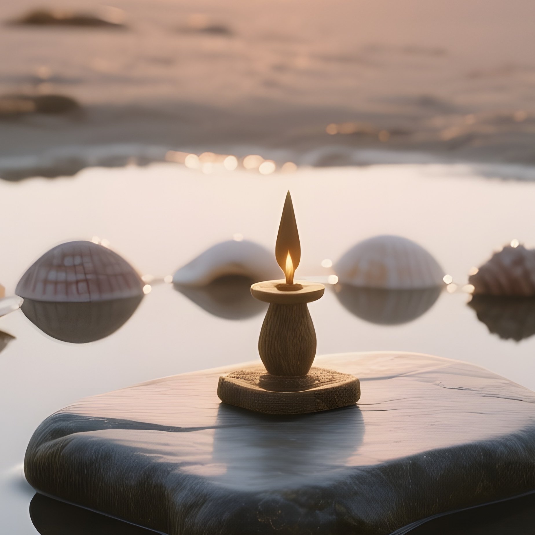 An Early Morning Beach Tide Pool Altar, Shells Arranged In Concentric Circles Around A Smooth Stone - Full Resolution Quality Preview
