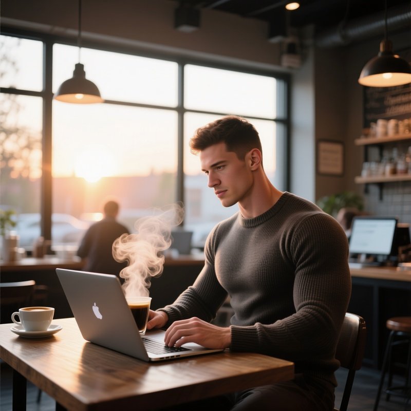 An Early‑Morning Coffee Shop Turned Remote Work Hub, A Muscular Freelancer In A Fitted Sweater,
