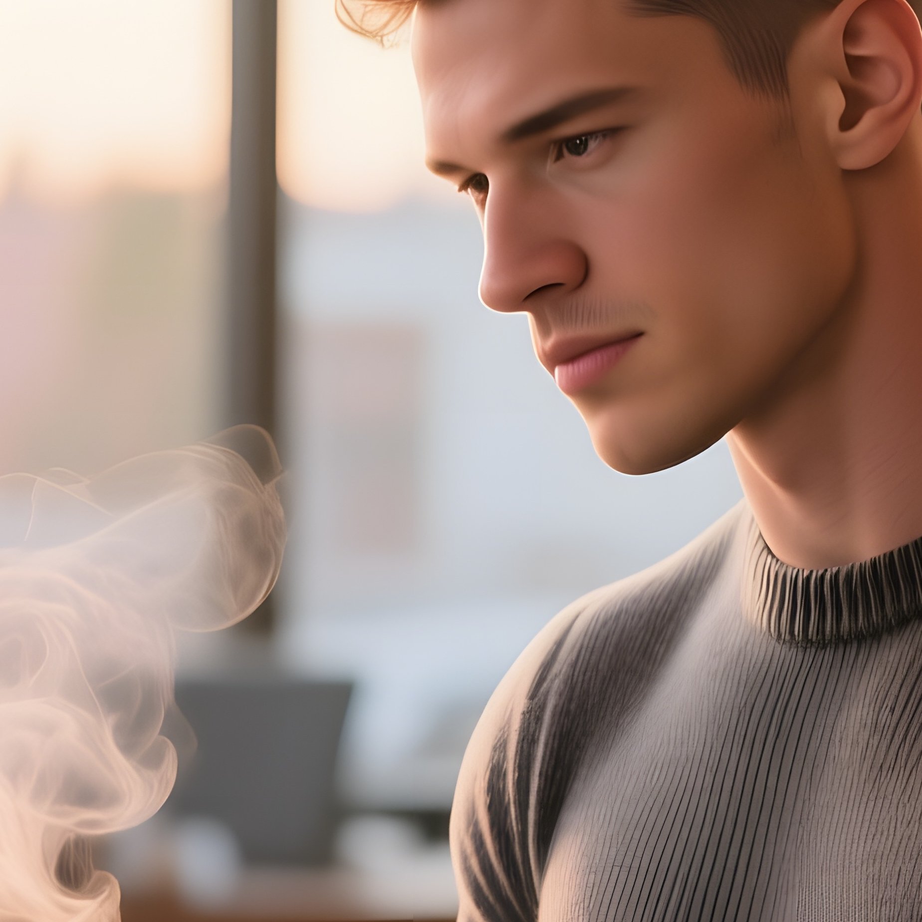 An Early‑Morning Coffee Shop Turned Remote Work Hub, A Muscular Freelancer In A Fitted Sweater, - Full Resolution Quality Preview