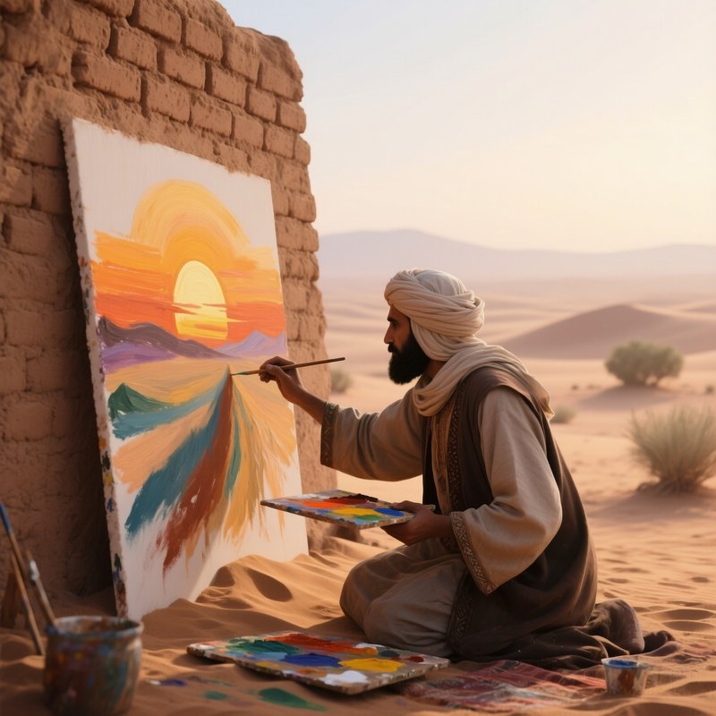 An Early‑Morning Desert Oasis, Where A Nomadic Painter Uses Natural Sand Pigments To Craft A