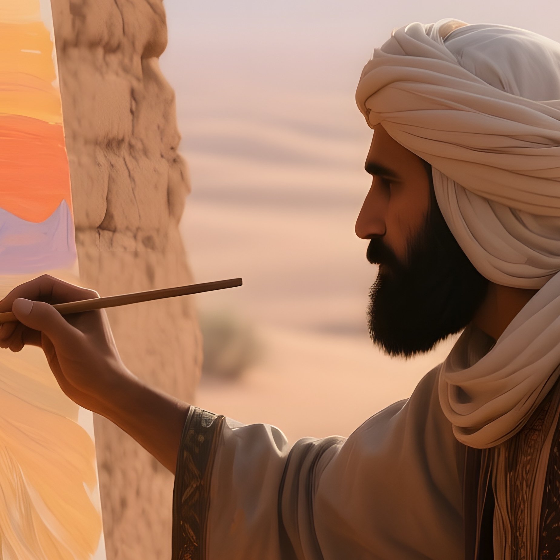 An Early‑Morning Desert Oasis, Where A Nomadic Painter Uses Natural Sand Pigments To Craft A - Full Resolution Quality Preview