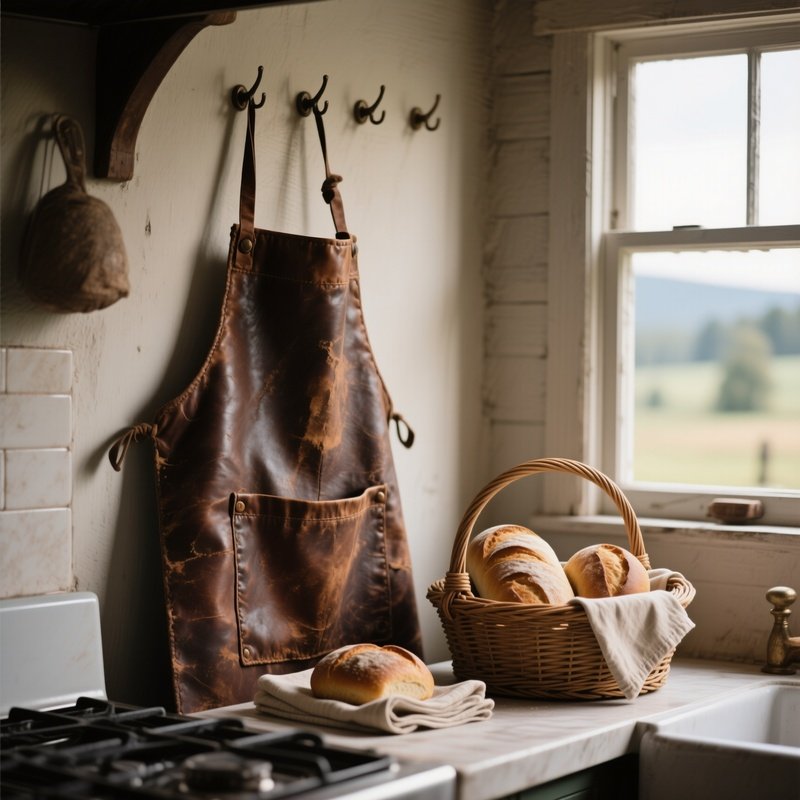 An Early Morning Farmhouse Kitchen, A Worn Leather Apron Hanging On A Peg Beside A Basket Of