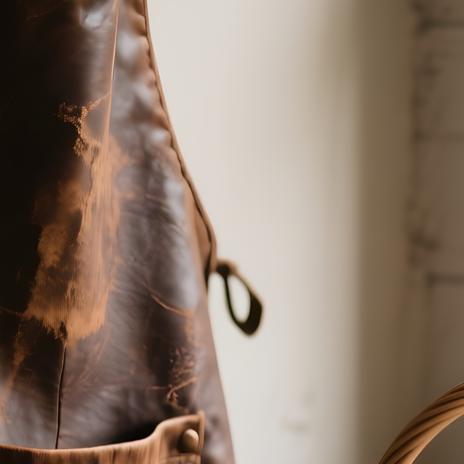 An Early Morning Farmhouse Kitchen, A Worn Leather Apron Hanging On A Peg Beside A Basket Of - Full Resolution Quality Preview