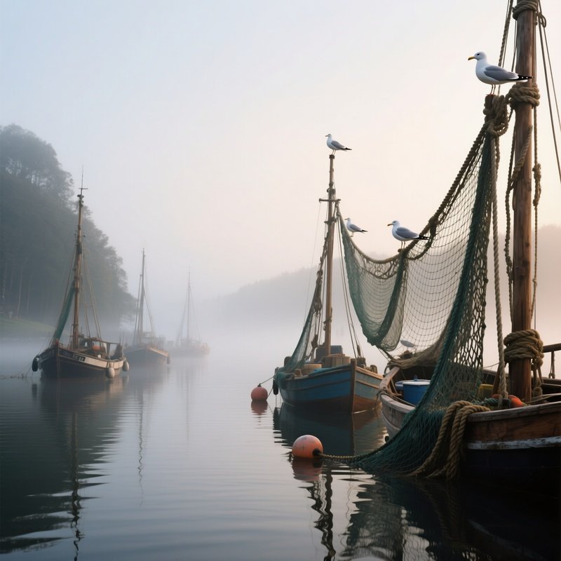 An Early‑Morning Fishing Fleet Anchored In A Sheltered Bay, Nets Draped Over Wooden Masts, Mist