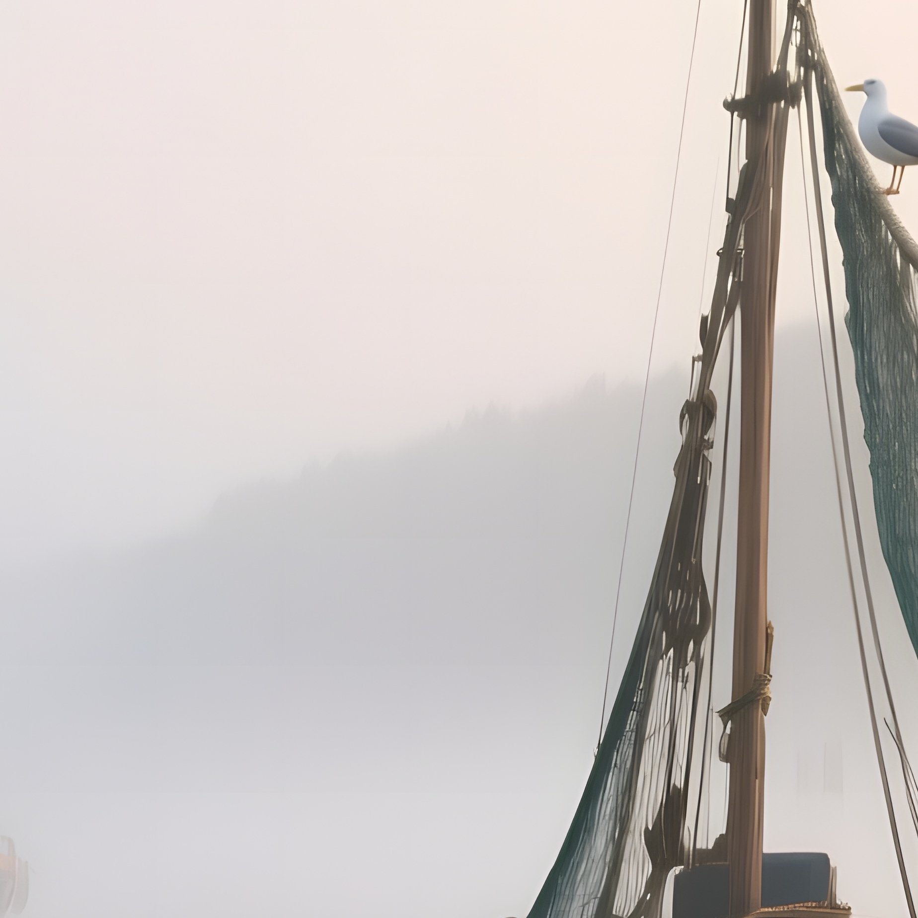 An Early‑Morning Fishing Fleet Anchored In A Sheltered Bay, Nets Draped Over Wooden Masts, Mist - Full Resolution Quality Preview