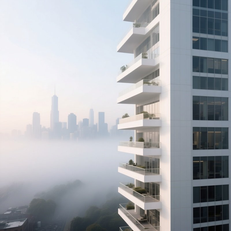 An Early Morning Fog Enveloping A Sleek White Office Tower With Cantilevered Terraces, The City
