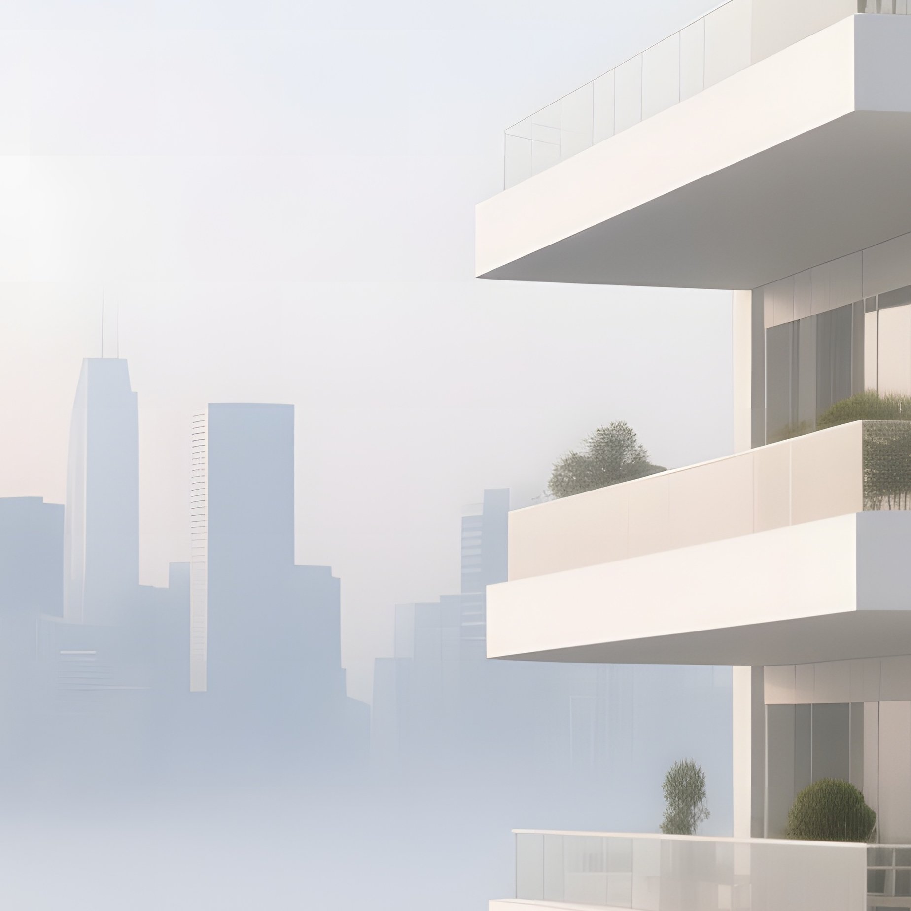 An Early Morning Fog Enveloping A Sleek White Office Tower With Cantilevered Terraces, The City - Full Resolution Quality Preview