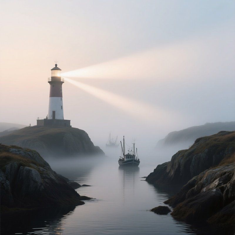 An Early‑Morning Fog Rolling Over A Narrow Channel Between Rocky Islands, A Solitary Lighthouse