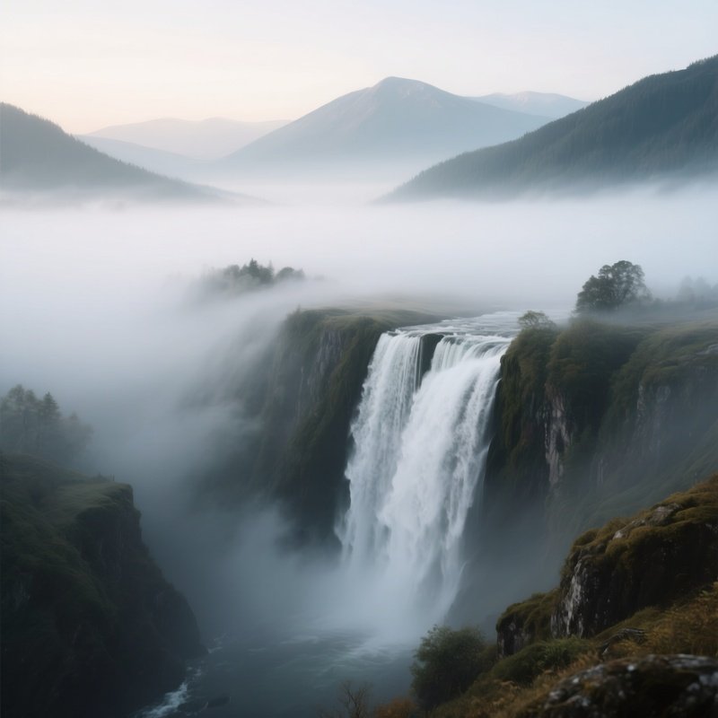 An Early Morning Foggy Landscape Where A Waterfall Disappears Into A Veil Of Cloud, Distant