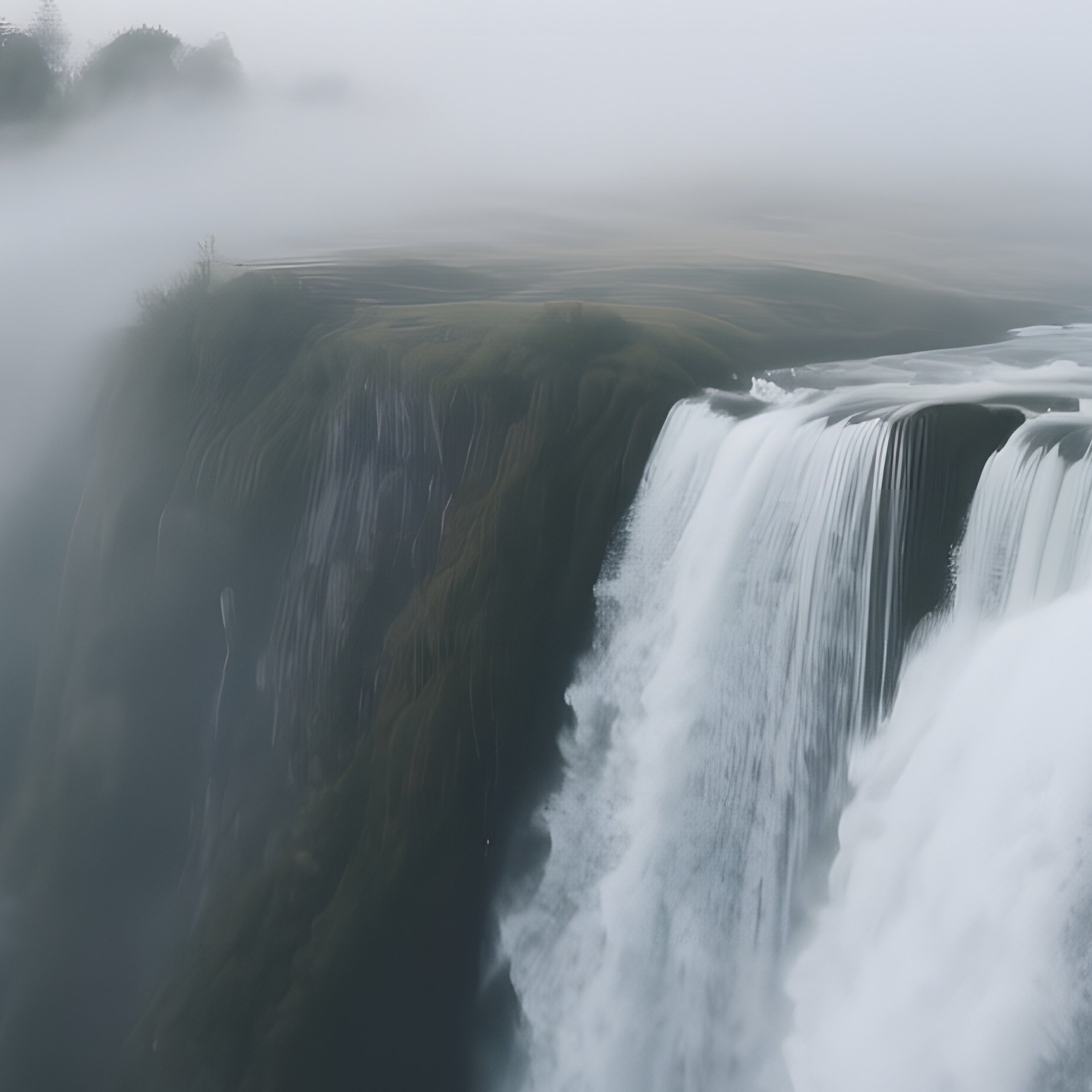 An Early Morning Foggy Landscape Where A Waterfall Disappears Into A Veil Of Cloud, Distant - Full Resolution Quality Preview